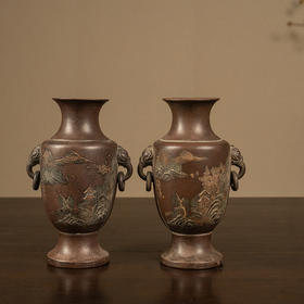 清 王南林款紫砂山水环耳赏瓶（一对）