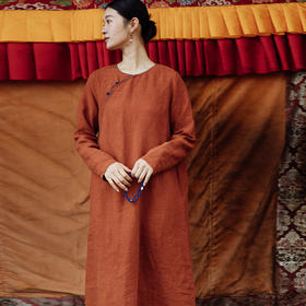 绽放旅行女装626朵/小欢喜连衣裙早秋色织亚麻圆领斜襟盘扣旗袍裙