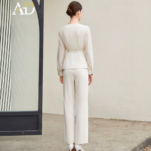 AD设计感小V领接拼雪纺衬衫上衣女高端职业两件套时尚阔腿裤套装 商品图3