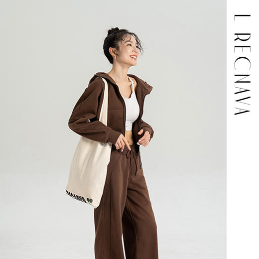 L RECNAVA 显高显瘦加绒卫衣卫裤 短款拉链连帽外套 腰部螺纹松紧抽绳直筒卫裤休闲套装 商品图12