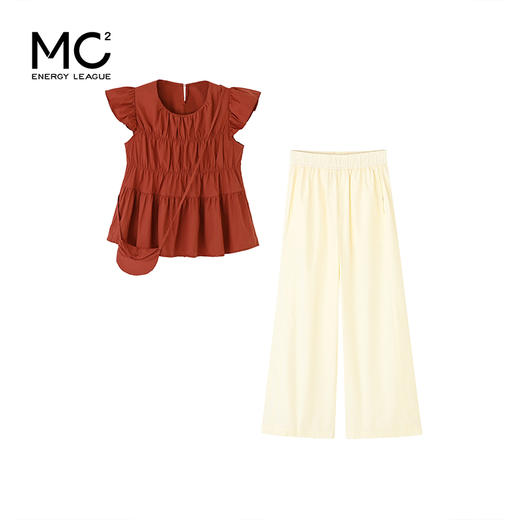 mc2红色圆领飞飞袖小衫+九分直筒阔腿裤套装女夏季新款松弛感穿搭 商品图3
