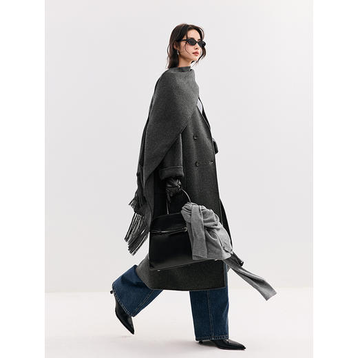 棉仓357666002-羊毛流苏围巾款双面呢大衣外套 商品图4