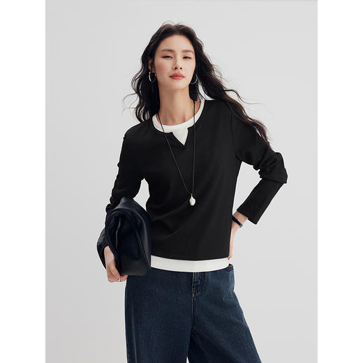 棉仓356601006-优雅假两件小V领合体微宽松T 商品图0