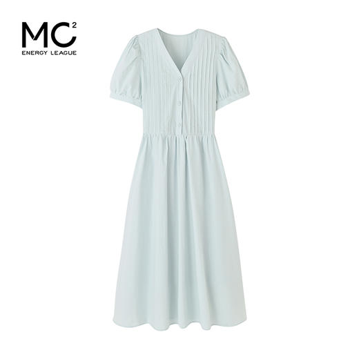 mc2宽松V领风琴褶韩系度假风连衣裙女装2024夏季新款时尚显白蓝色 商品图3