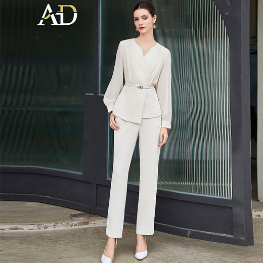AD设计感小V领接拼雪纺衬衫上衣女高端职业两件套时尚阔腿裤套装 商品图2