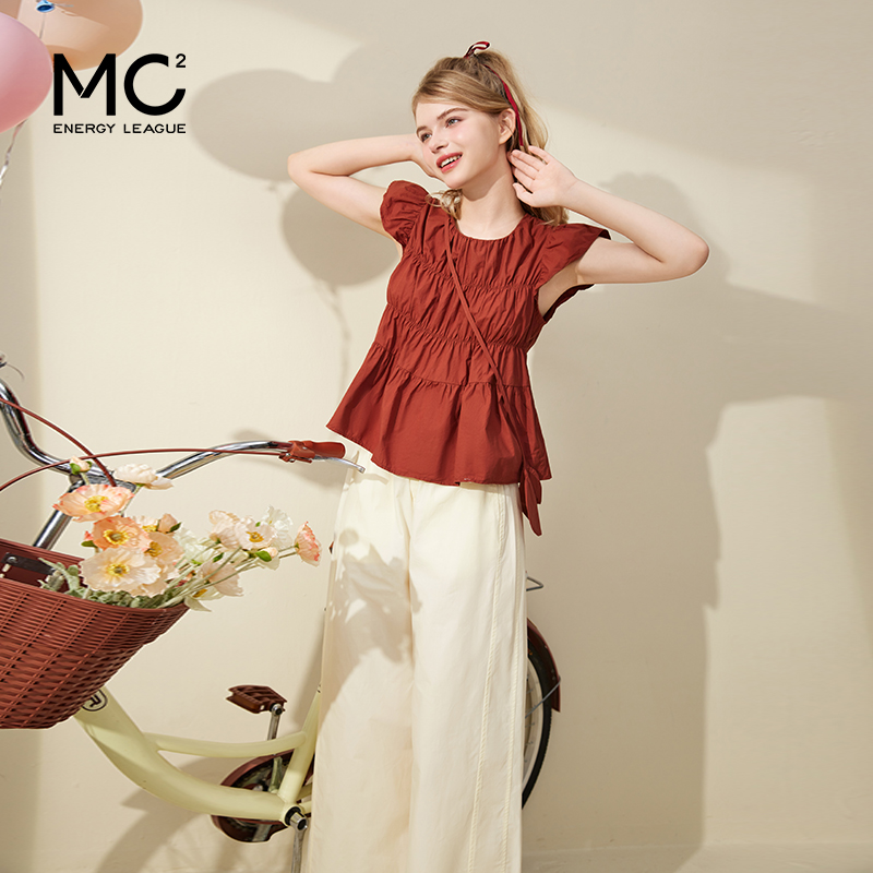 mc2红色圆领飞飞袖小衫+九分直筒阔腿裤套装女夏季新款松弛感穿搭