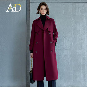 AD红色风衣女款2024新款春秋长袖外套宽松版中长款显瘦双排扣大衣