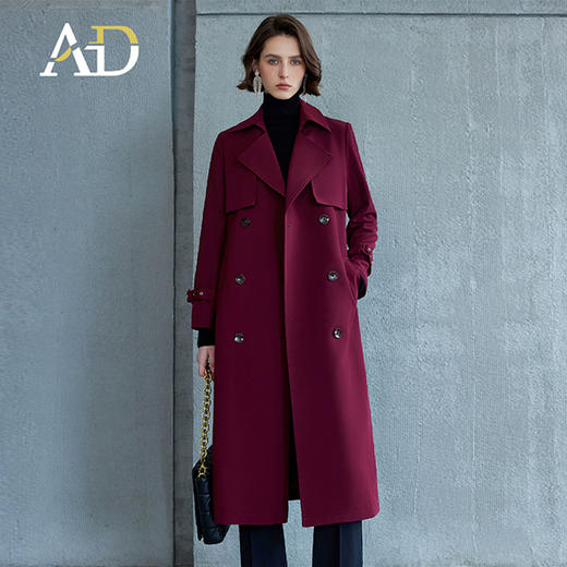 AD红色风衣女款2024新款春秋长袖外套宽松版中长款显瘦双排扣大衣 商品图0