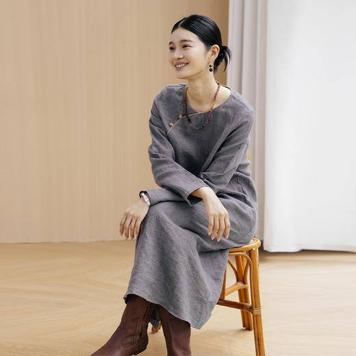 绽放旅行女装626朵/小欢喜连衣裙早秋色织亚麻圆领斜襟盘扣旗袍裙 商品图3