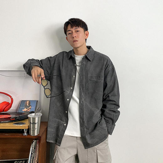 徐太浪时尚炒色套色工艺长袖衬衫男春秋潮牌男装休闲灰色衬衣外套 商品图0