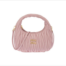 缪缪 Wander系列 时尚纯色褶皱金属刻字徽标Logo 软羊革 手提包斜挎包单肩包 女款 粉色（HH）