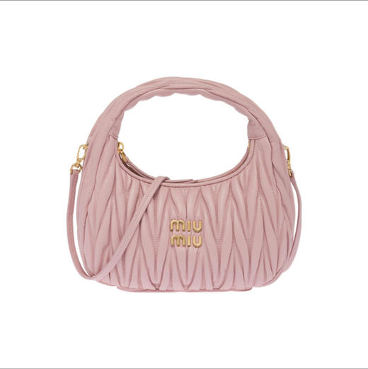 缪缪 Wander系列 时尚纯色褶皱金属刻字徽标Logo 软羊革 手提包斜挎包单肩包 女款 粉色（HH） 商品图0