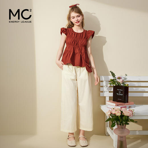 mc2红色圆领飞飞袖小衫+九分直筒阔腿裤套装女夏季新款松弛感穿搭 商品图1