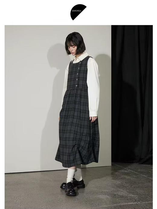 半圆/D24310381/不对称抽褶格纹羊毛呢背心裙 商品图0