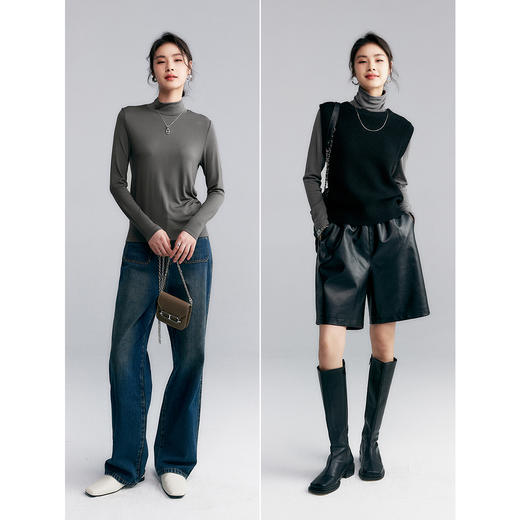 棉仓346601017-蓄热保暖长袖T恤女半高领 冬季美雅碧白色打底衫厚润内搭体恤 商品图3