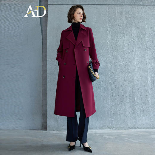 AD红色风衣女款2024新款春秋长袖外套宽松版中长款显瘦双排扣大衣 商品图1