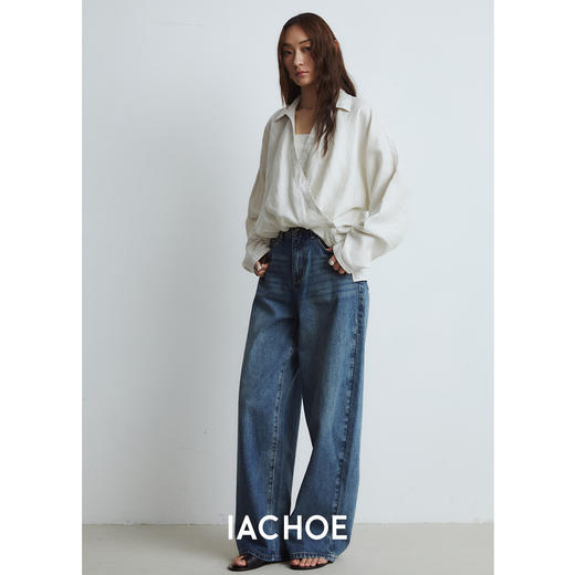 棉仓3561504003-秋季不规则交叉门襟亚麻长袖衬衫  宽松设计感法式白衬衫(货号:3561504003) 商品图1