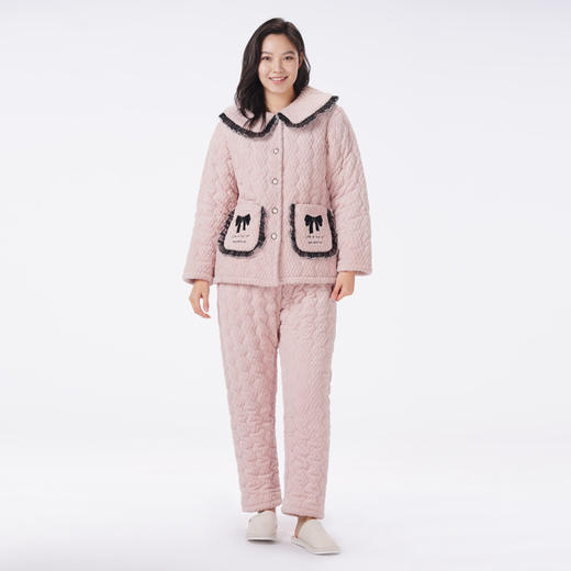 都市丽人睡衣夹棉系列长袖家居服法兰绒烂花夹棉加厚女士夹棉套装LHT1T5 商品图1