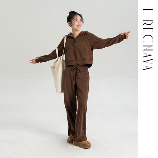 L RECNAVA 显高显瘦加绒卫衣卫裤 短款拉链连帽外套 腰部螺纹松紧抽绳直筒卫裤休闲套装 商品图1