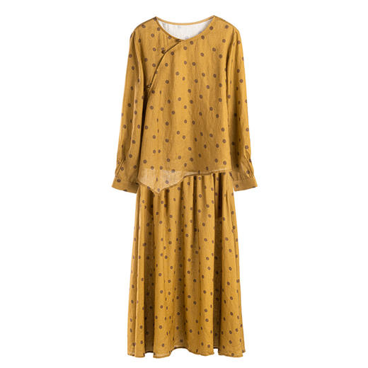 绽放628朵/早秋*亚麻新中式波点印花不对称A摆衬衫半身裙套装 商品图4
