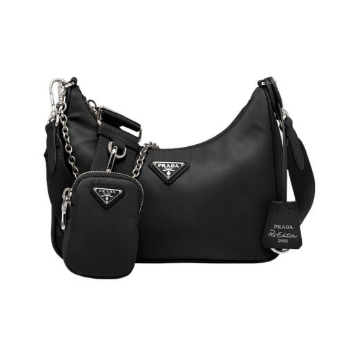 普家 Re-Edition 2005 搪瓷三角徽标可拆卸链条复刻 *尼龙拼皮 月牙腋下包手提单肩包 女款 黑色 *三合一 商品图0