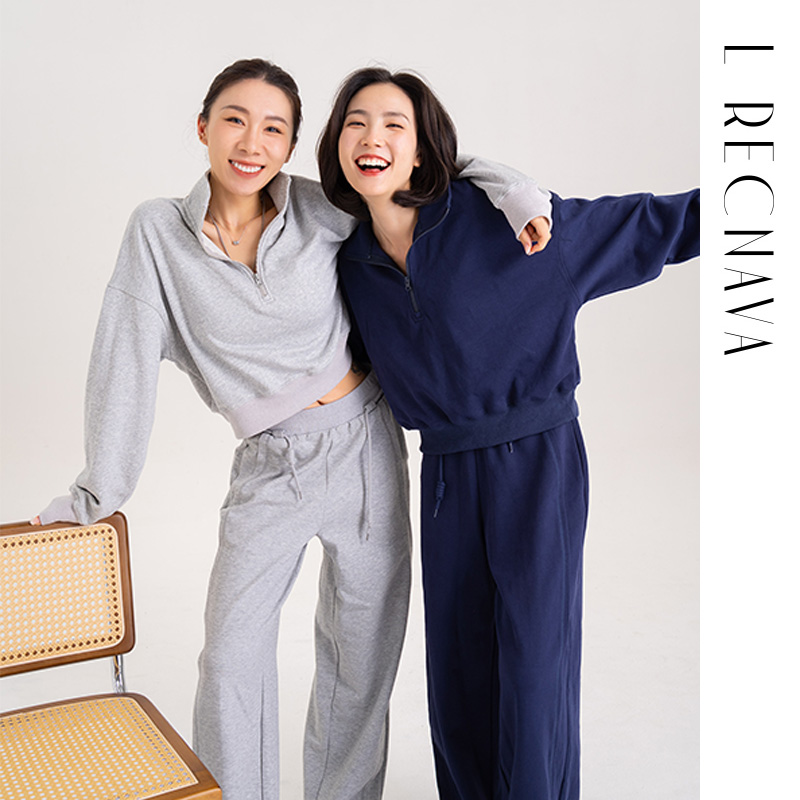 L RECNAVA [72%棉] 宽松运动套头卫衣 显瘦遮肉 半拉链高领休闲上衣