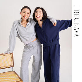L RECNAVA [72%棉] 宽松运动套头卫衣 显瘦遮肉 半拉链高领休闲上衣