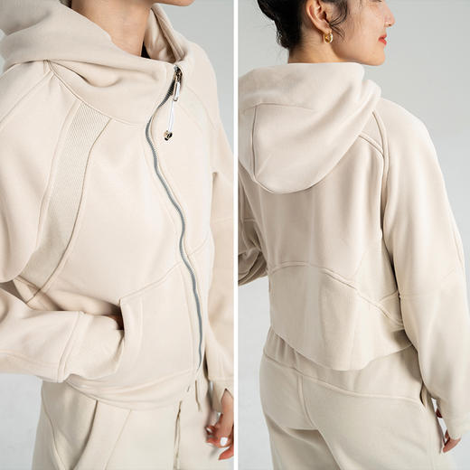 L RECNAVA 显高显瘦加绒卫衣卫裤 短款拉链连帽外套 腰部螺纹松紧抽绳直筒卫裤休闲套装 商品图2