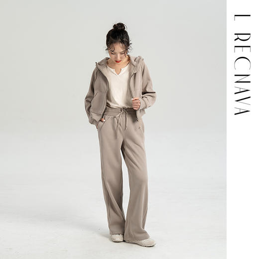 L RECNAVA 显高显瘦加绒卫衣卫裤 短款拉链连帽外套 腰部螺纹松紧抽绳直筒卫裤休闲套装 商品图3