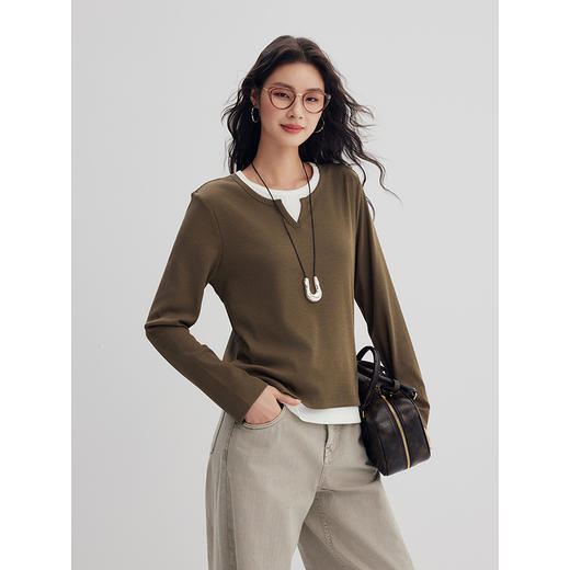 棉仓356601006-优雅假两件小V领合体微宽松T 商品图1