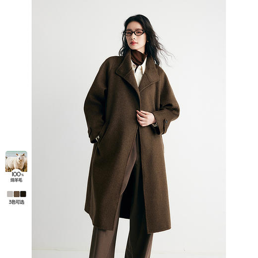 棉仓357666016-羊毛大衣简约立领单排扣廓形双面呢大衣 商品图0