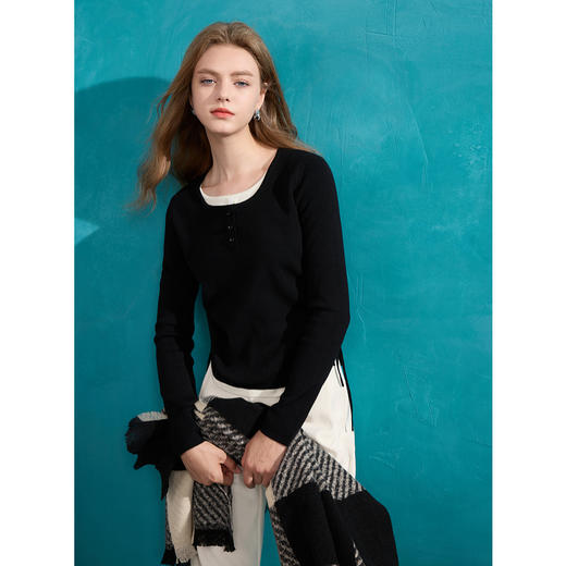 【抗起球】三彩2024冬季新款假两件针织衫撞色圆领抽绳毛衣修身内搭毛衫女M 商品图1