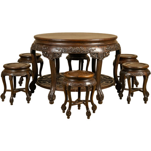 清 红木镶瘿木浮雕狮子滚绣球双拼圆桌及圆凳成套（一桌六凳） 商品图5