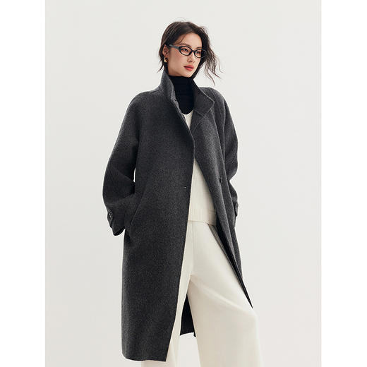 棉仓357666016-羊毛大衣简约立领单排扣廓形双面呢大衣 商品图1