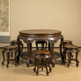 清 红木镶瘿木浮雕狮子滚绣球双拼圆桌及圆凳成套（一桌六凳）