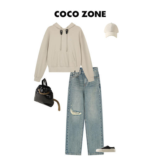 COCO ZONE100%棉休闲连帽卫衣系绳穿下摆罗纹 23C19136 商品图3