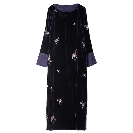 牧衣游原创 匹绣丝绒连衣裙新款圆领宽松优雅新中式长裙 小梅娇 商品图4