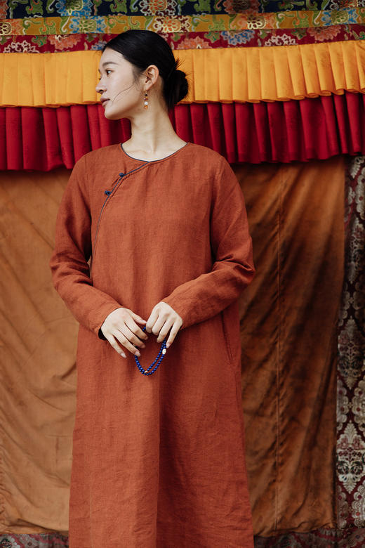 绽放旅行女装626朵/小欢喜连衣裙早秋色织亚麻圆领斜襟盘扣旗袍裙 商品图5