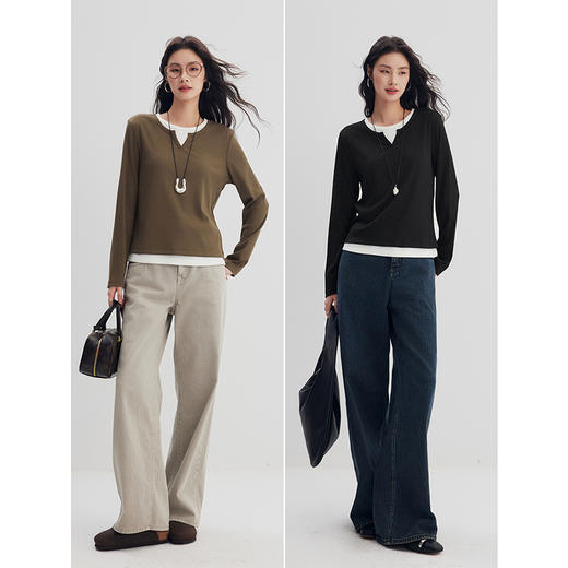 棉仓356601006-优雅假两件小V领合体微宽松T 商品图4