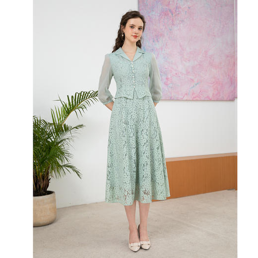 司歌蕾丝翻领假两件连衣裙收腰五分袖A901089X 商品图1