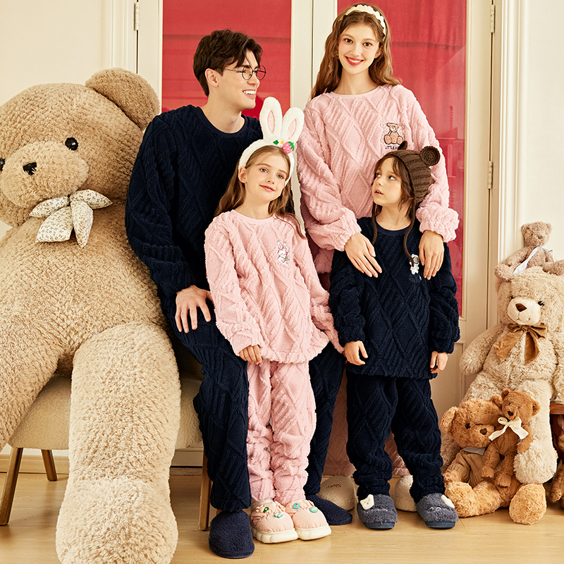 测评优品-芬腾珊瑚绒亲子家居服套装 儿童睡衣男女士秋冬季保暖法兰绒 中大童
