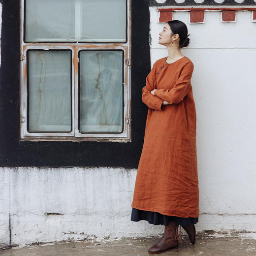 绽放旅行女装626朵/小欢喜连衣裙早秋色织亚麻圆领斜襟盘扣旗袍裙 商品图2