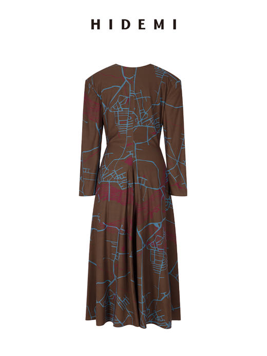 HIDEMI 我们做印花系列手绘地图艺术感油画印花垫肩加宽肩收腰立裁连衣裙 商品图5