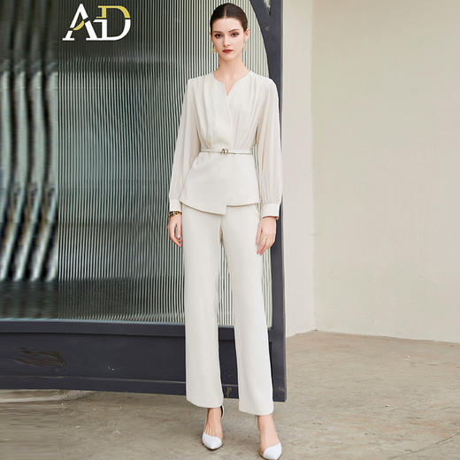 AD设计感小V领接拼雪纺衬衫上衣女高端职业两件套时尚阔腿裤套装 商品图0