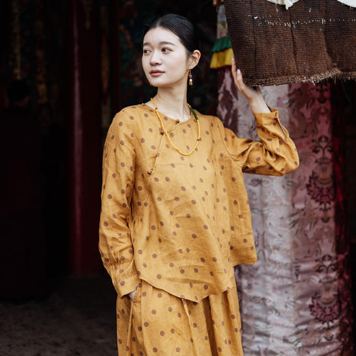绽放628朵/早秋*亚麻新中式波点印花不对称A摆衬衫半身裙套装 商品图1