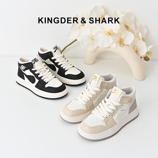 经典鲨2024年冬季新品时尚韩版拼色高帮系带平底舒适板鞋女KW194-D58071 商品图0