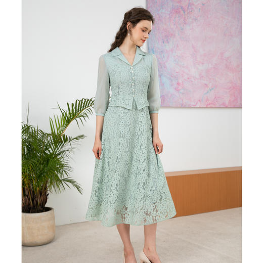 司歌蕾丝翻领假两件连衣裙收腰五分袖A901089X 商品图2