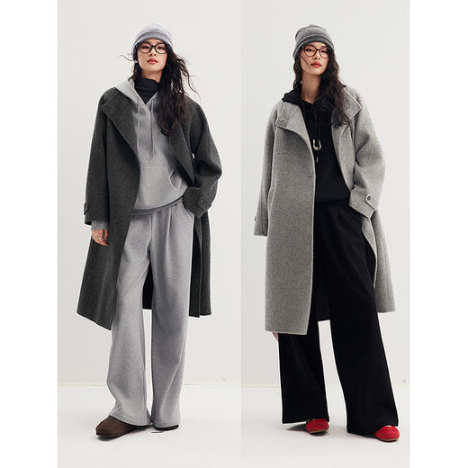 棉仓357666016-羊毛大衣简约立领单排扣廓形双面呢大衣 商品图4