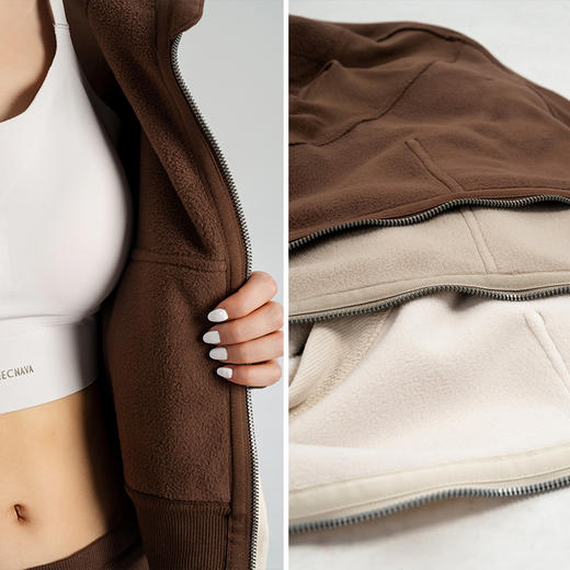 L RECNAVA 显高显瘦加绒卫衣卫裤 短款拉链连帽外套 腰部螺纹松紧抽绳直筒卫裤休闲套装 商品图11