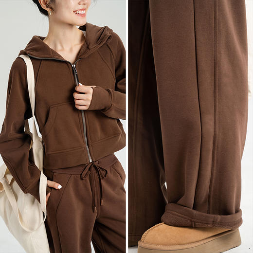 L RECNAVA 显高显瘦加绒卫衣卫裤 短款拉链连帽外套 腰部螺纹松紧抽绳直筒卫裤休闲套装 商品图6